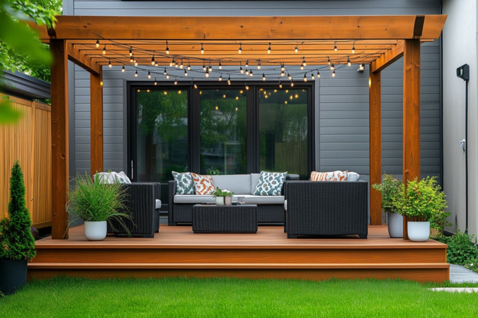Ny hævet træterrasse med pergola, lyskæde, sofa og potteplanter foran et moderne hus
