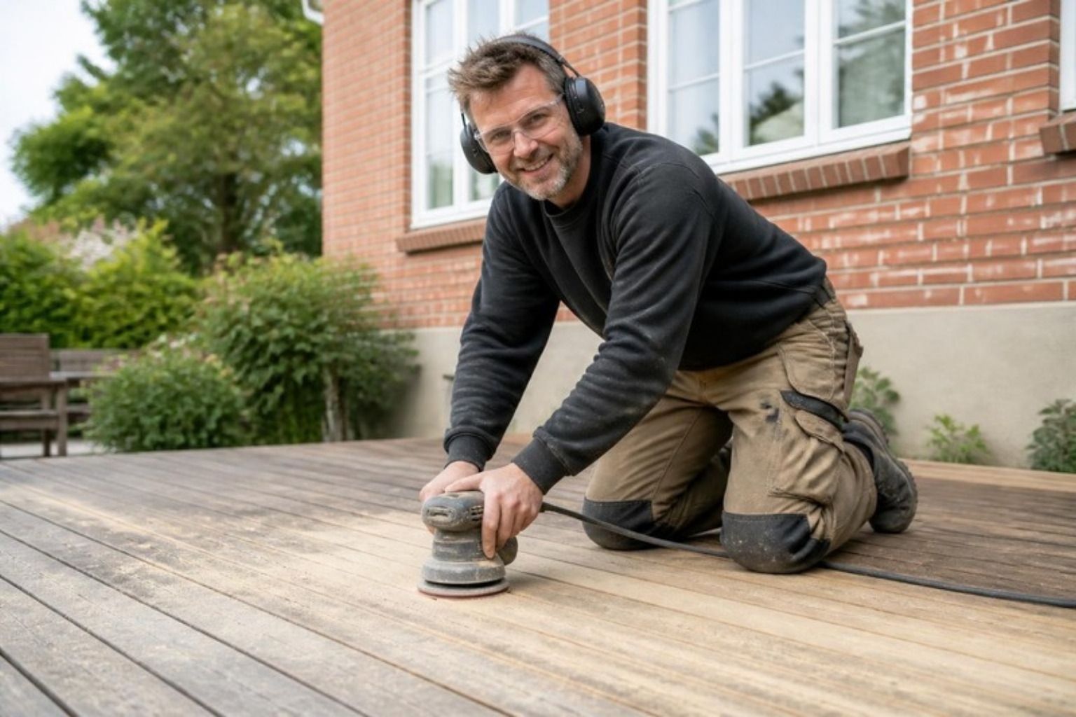 Smilende håndværker med høreværn og sikkerhedsbriller sliber en gammel træterrasse med excentersliber foran et rødt murstenshus